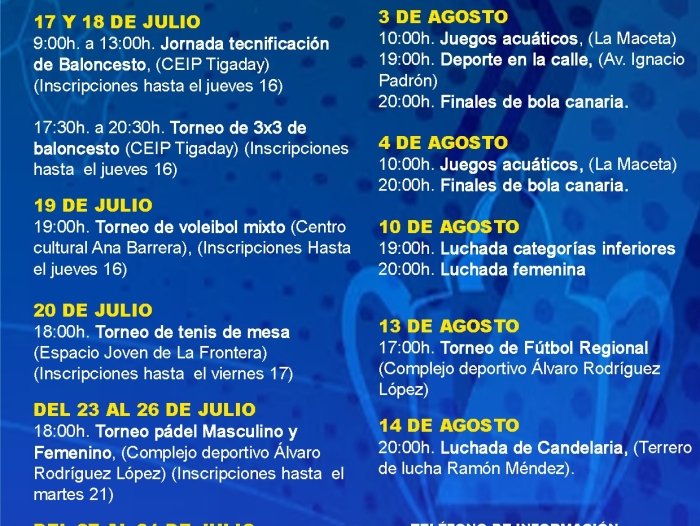  El Ayuntamiento de La Frontera invita a disfrutar del programa de actividades deportivas de verano con motivo de las Fiestas Patronales
